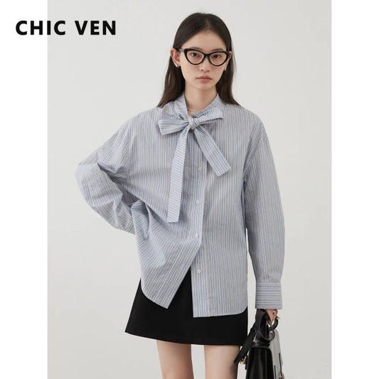 CHIC VEN Dames Blouse met Strik en Strepen 