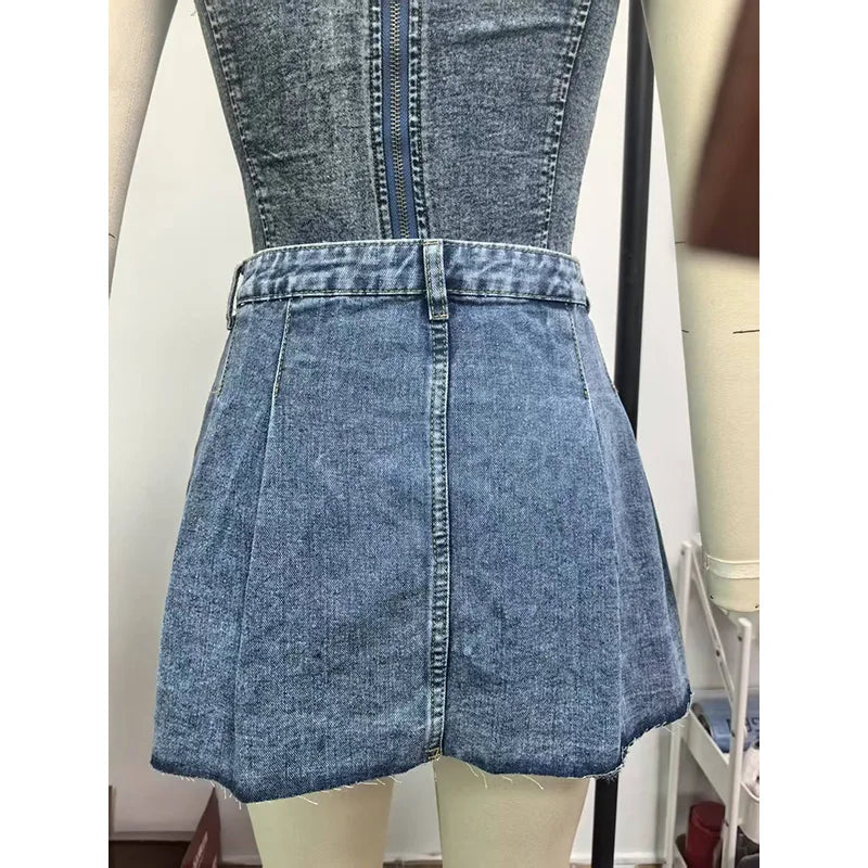 Benuynffy Button Front Pleated Short Skirts for Women – Summer High Waist A-Line Raw Hem Denim Mini Skirts
