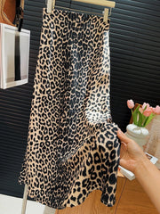 OCEANLOVE Vintage Leopard Satin A-line Skirt - Elegant High Waist Mermaid Style for Spring/Summer