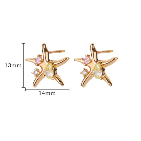 Zircon Starfish Stud Earrings for Women - Gold Stainless Steel Statement Jewelry Gift