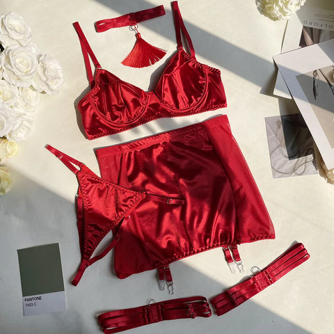 Fine Satin Lingerie Set - 5-Piece Sexy Underwear with Lace and Uncensored Skirt