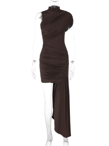 Mozision onregelmatig gedrapeerde geplooide sexy mini-jurk voor vrouwen - elegante coltrui, mouwloze hoge taille, geplooide clubfeestjurk 