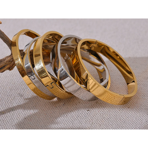 Yhpup High Quality Stainless Steel Round Wide Bracelet Bangle – Fashion Texture in Gold and Silver Color, Waterproof Charm Jewelry Gift