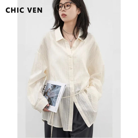 CHIC VEN Women Cotton Striped Waist Shirt