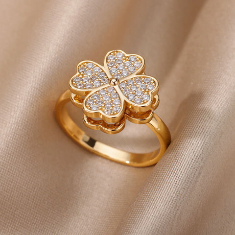Zircon Rotatable Four Leaf Clover Anxiety Rings for Women - Stainless Steel Fidget Spinner Ring - Aesthetic Jewelry Gift