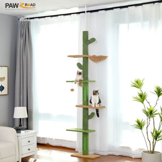 5-Tier Floor to Ceiling Cat Tree Cactus Tower with Scratching Post, Hammock & Dangling Ball