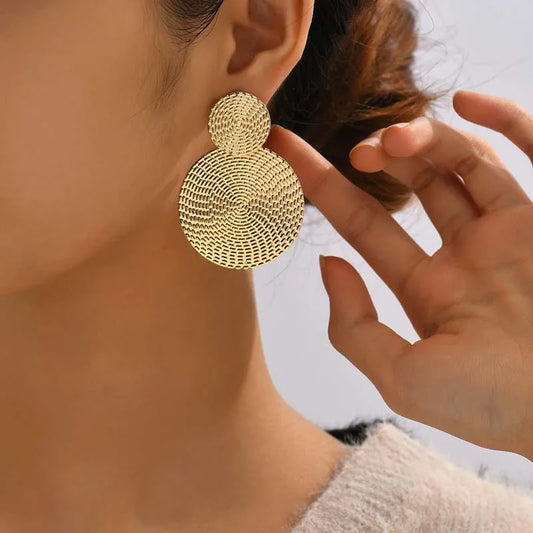 Bohemia Gold Color Big Round Earrings - Exaggerated Metal Geometric Long Circle Pendant for Women