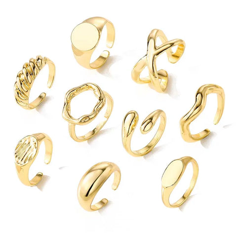 9Pcs/set Gold Color Smooth Geometric Open Rings Set for Women Men - Irregular Adjustable Jewelry Gifts
