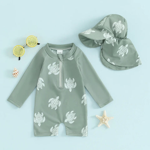 Tregren Toddler Boys Rash Guard Swimsuit with Swim Cap