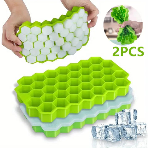 Large-Capacity Silicone Ice Trays Mold - Reusable Honeycomb Ice Cube Maker with Lids