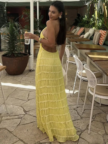 Tossy Dames Lente Mode Patchwork Maxi Jurk - Vetersluiting Rugloze Hoge Taille Effen Strandjurk 2025