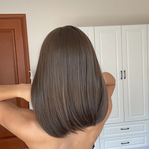 Medium Straight Synthetic Bob Wig Dark Black Brown Short Wigs With Bangs for Women Cosplay Daily Layered Hair Heat Resistant