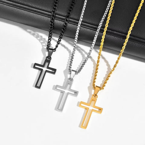 Casual Hollow Cross Necklaces for Men and Boys - Waterproof Stainless Steel Pendant Jewelry