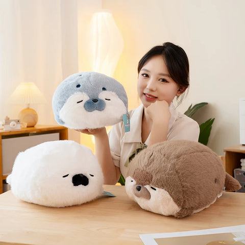 Cartoon Seal & Sea Otter Plush Cushion – Round Earphone Design Pillow for Kids’ Birthday, School & Nap