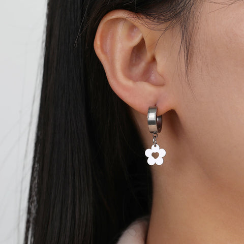 Skyrim Kpop Women Flower Drop Earrings - Gold Color Stainless Steel Hoop Earrings