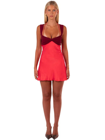 Mozision Patchwork Mouwloze Sexy Mini-jurk voor Vrouwen - Satijnen Strapless Rugloze Vetersluiting Hoge Taille A-lijn Clubjurk 