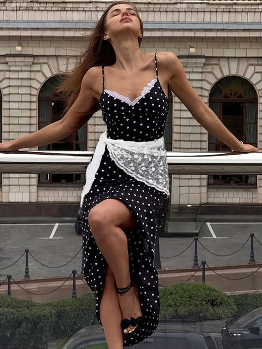 Tossy Spitze Patchwork Printed Long Dress for Women - Summer Slim Fit V-Neck Backless Halter Dress 2025