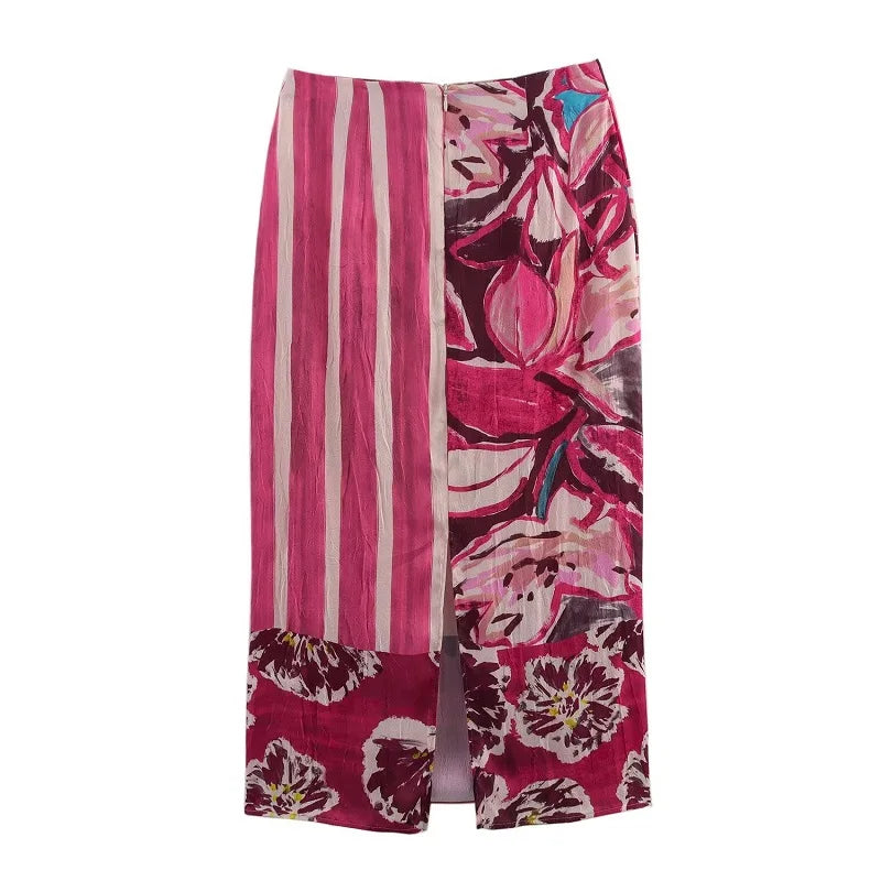 MUJER Print Satin Long Skirts for Women - High Waist Midi Skirt