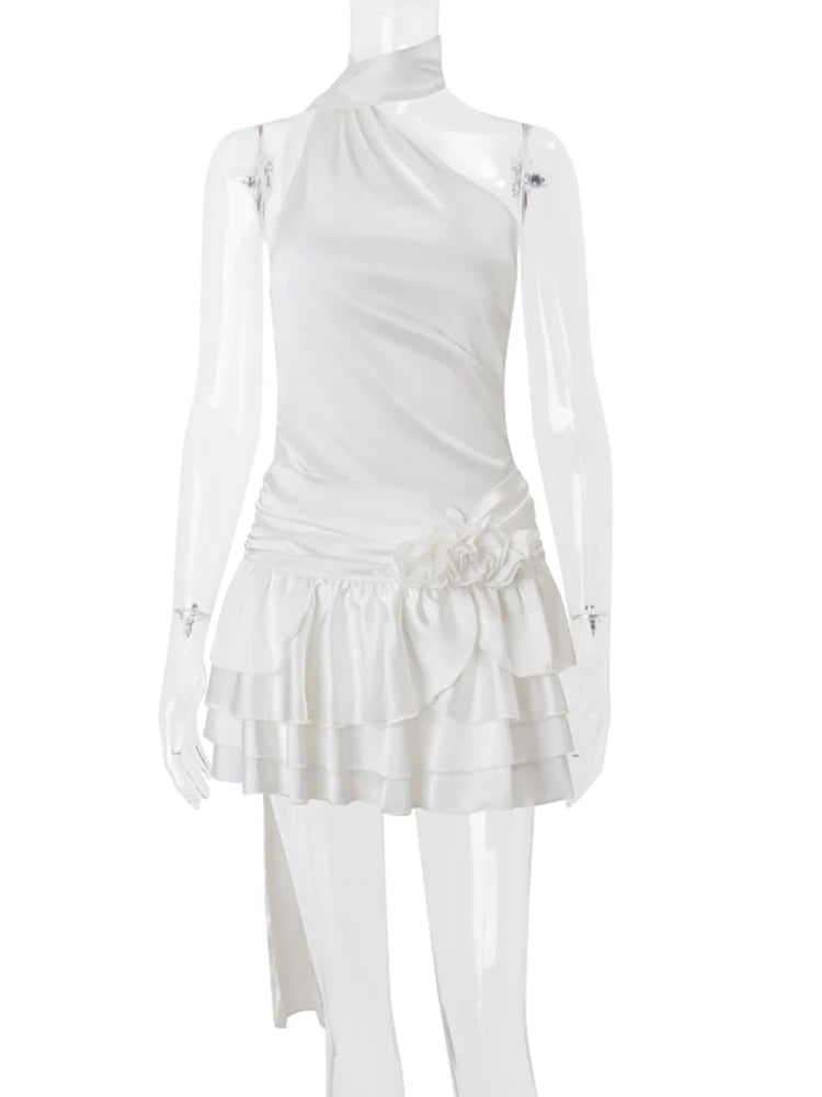 Fantoye Satin Sexy Backless 3D Flowers Women Dress - White Halter A-line Party Clubwear