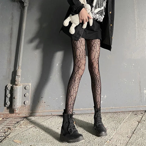 Black Spider Web Mesh Pantyhose for Women - Gothic Lace Fishnet Tights