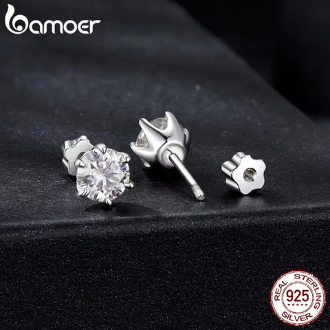 BAMOER White Gold Moissanite Earrings – 925 Sterling Silver Stud Huggies