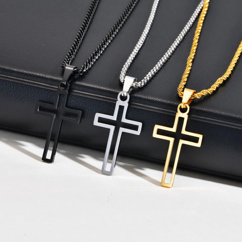 Casual Hollow Cross Necklaces for Men and Boys - Waterproof Stainless Steel Pendant Jewelry