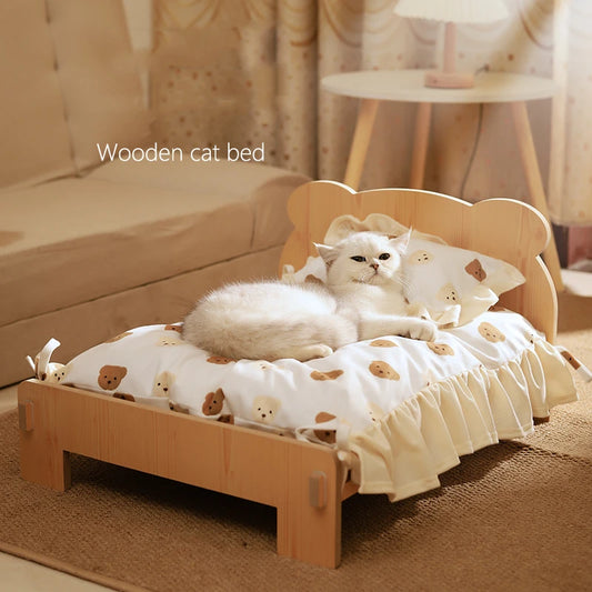 Wooden Cat and Dog Bed with Teddy Bear Pattern - Cozy Indoor Pet Furniture (20*11 inch)