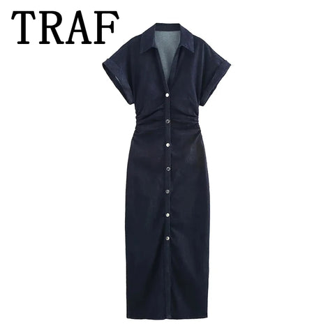 TRAF Denim Dress Women's Casual Midi Dress 2025