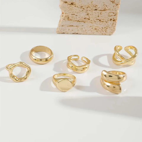 6Pcs/Set Gold Color Smooth Geometric Open Rings Set for Women - Chunky Metal Jewelry Gift
