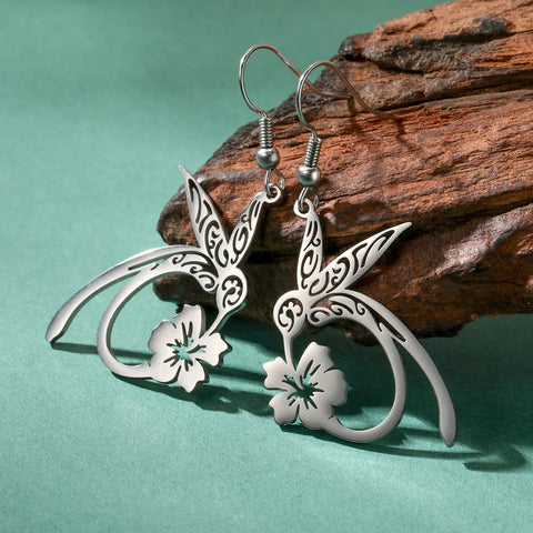 Skyrim Hummingbird Flower Pendant Drop Earrings – Stainless Steel Gold Color Women's Earrings