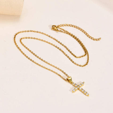 Danity Cubic Zirconia Cross Pendant Necklace for Women - Adjustable Stainless Steel Chain