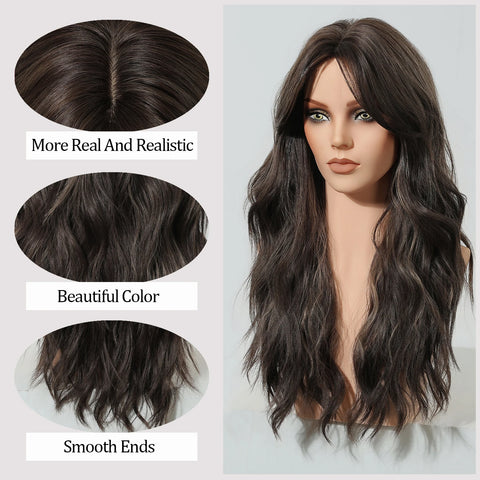 EASIHAIR Long Wavy Brown Synthetic Wig for Women with Side Bangs - Natural Look, Heat Resistant for Daily Wear
