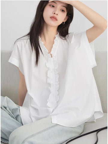 CHIC VEN Dames Casual Katoenen Overhemd met Ruches 
