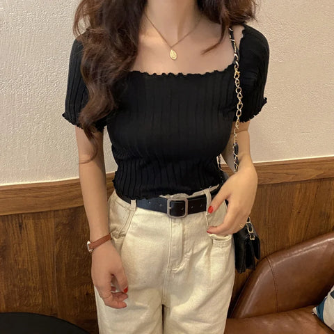 ITOOLIN Women Knitted Ruffles Hem Tops