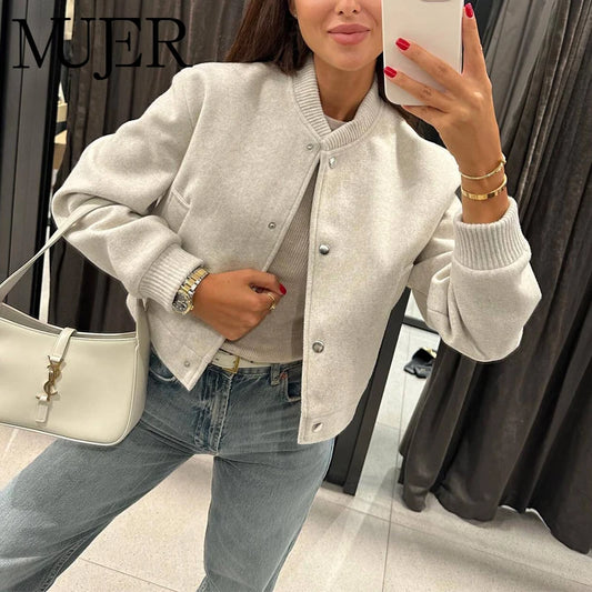 MUJER 2025 Dames Cropped Bomberjack – Modieus Beige Zwart Tweed Design