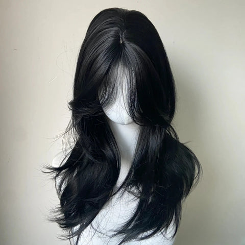 Black Wig with Headband - Body Wavy French Bangs