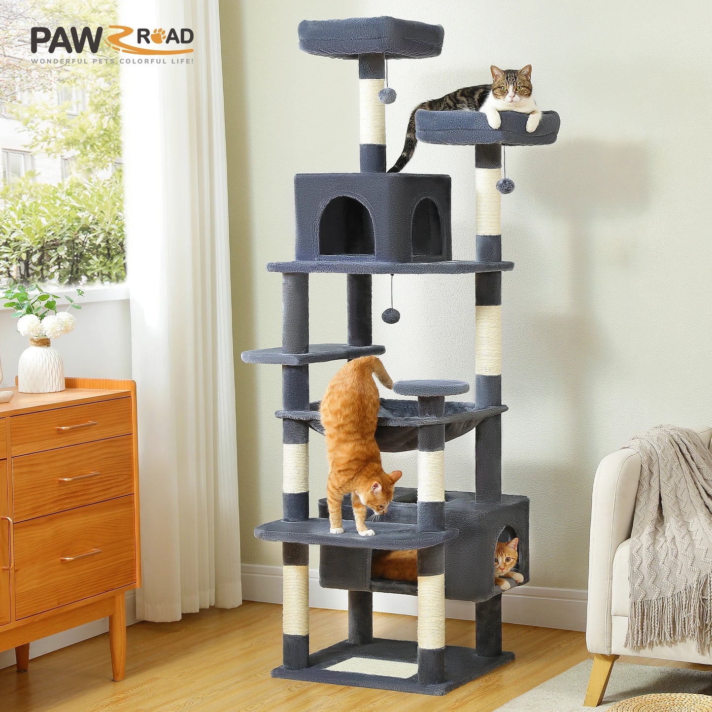 Large Cat Tree and Tower for Indoor Cats – Spacious Hammock, Padded Perches, and Sisal-Covered Scratching Posts
