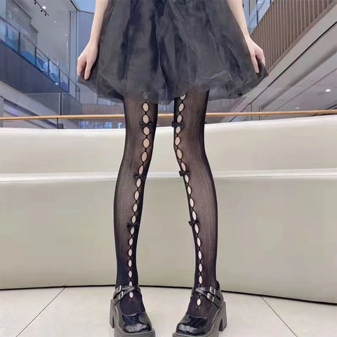Lolita Cosplay Girls Bowknot Hollow Out Pantyhose - Elegant Lace Tights for Anime Lovers