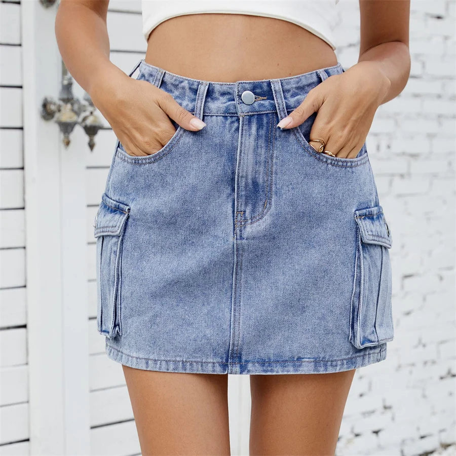 Benuynffy American Retro Multi-pocket Denim Skirt for Women – Summer High Waisted Slim Bodycon A-line Cargo Mini Skirts 2025