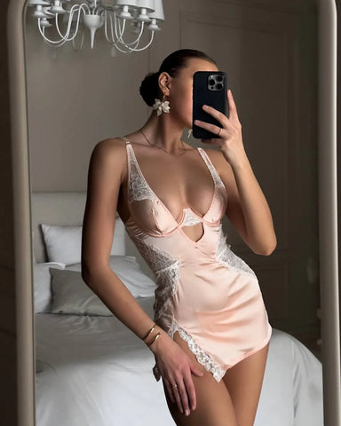 Sexy Deep-V Neck Satin Dress with Lace Patchwork and Split Nightwear for Women