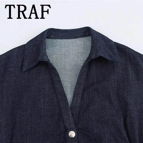 TRAF Denim Dress Women's Casual Midi Dress 2025