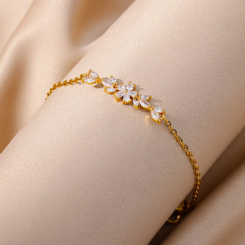 Elegant Zircon Flowers Bracelet for Women and Girls – Luxury Gold Color Stainless Steel Plant Charm Jewelry