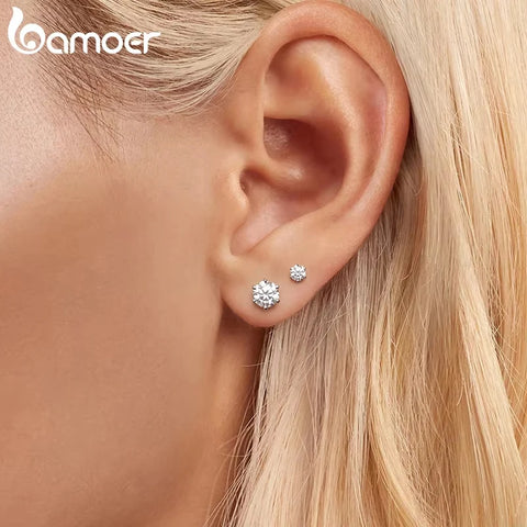 BAMOER White Gold Moissanite Earrings – 925 Sterling Silver Stud Huggies