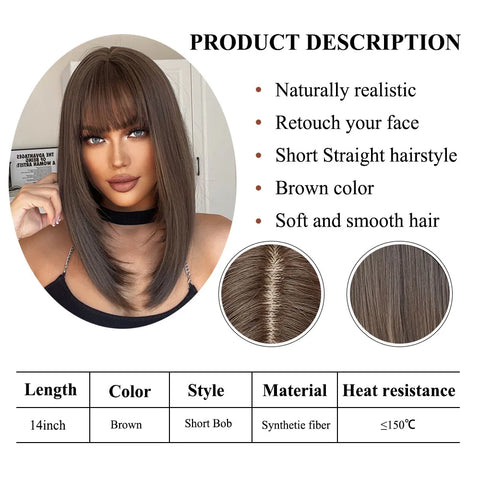 Medium Straight Synthetic Bob Wig Dark Black Brown Short Wigs With Bangs for Women Cosplay Daily Layered Hair Heat Resistant