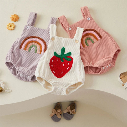 Tregren Newborn Infant Toddler Romper with Strawberry Rainbow Embroidery