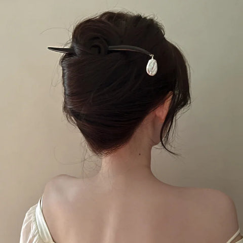 Chinese Style Natural Baroque Irregular Pearl Geometric Hairpin with Curved Sandalwood - Classic Hair Ornaments