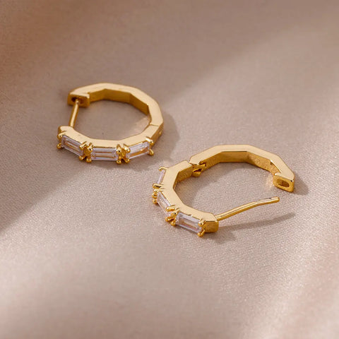 Rectangle Zircon Earrings for Women - Gold Plated Stainless Steel Hoop Earrings - 2023 Trending Luxury Wedding Couple Jewelry Gift