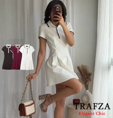 TRAFZA-Women Fashion 2025 Spring Summer Burgundy Dress Contrasting Ribbed Lapel Buttons Dress Classic Campus Angola Red Dress
