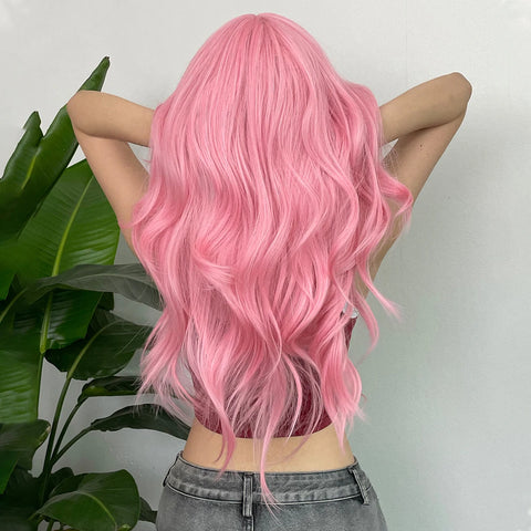Light Pink Long Wavy Cosplay Synthetic Hair Wig with Bangs - Perfect for Halloween and Daily Wear