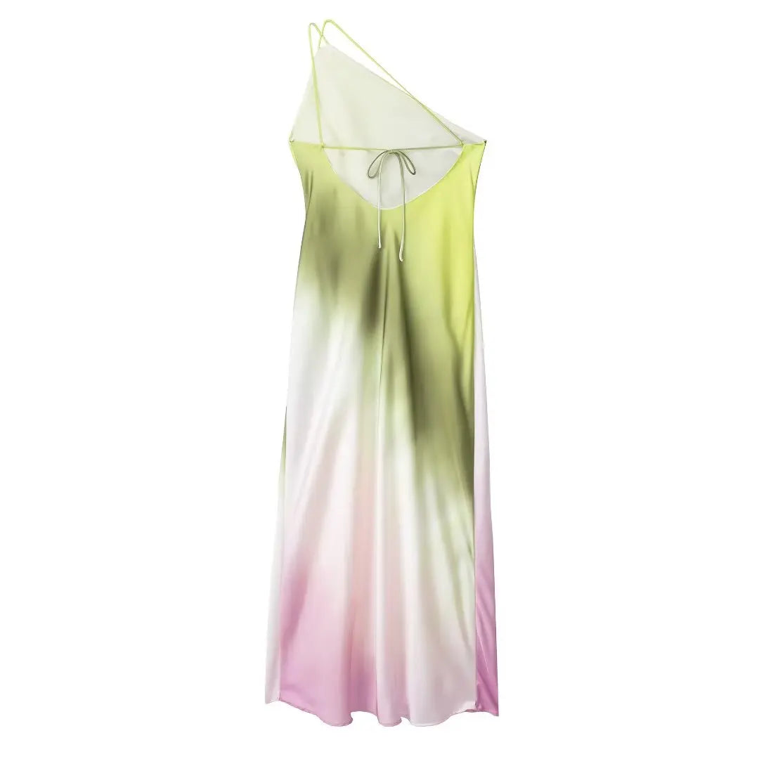 MUJER Tie Dye Long Dress - Asymmetric Satin Backless Evening Dress